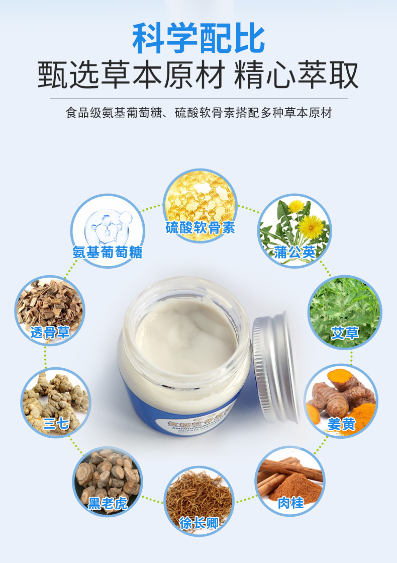 科學(xué)配比，甄選草本原材精心萃取，食品級氨基葡萄糖、硫酸軟骨素搭配多種草本原材